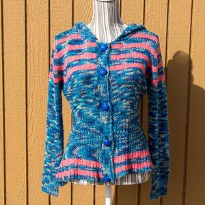 Miss Morena Hooded Cardigan Sweater Large Blue & Coral